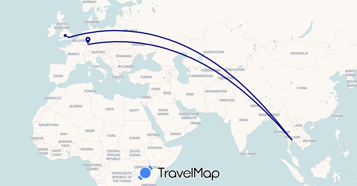 TravelMap itinerary: driving in Germany, United Kingdom, Thailand (Asia, Europe)